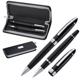 CrisMa writing set with ballpen and rollerball in a black case with decorating stitching. | 1870603