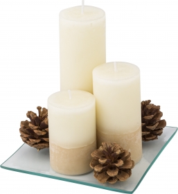 Set of three pilar candle on glass plate, White;5721-02